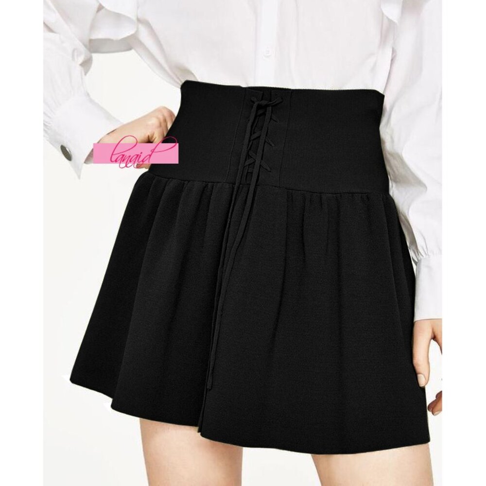 Zara Knit Lace-Up Skirt High-Waist Waisted A-Line Skater Corset Edgy Circle Mini